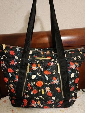 Betsey Johnson Floral Quilted Weekender Tote Bag Black Red Rose XL Travel Bag